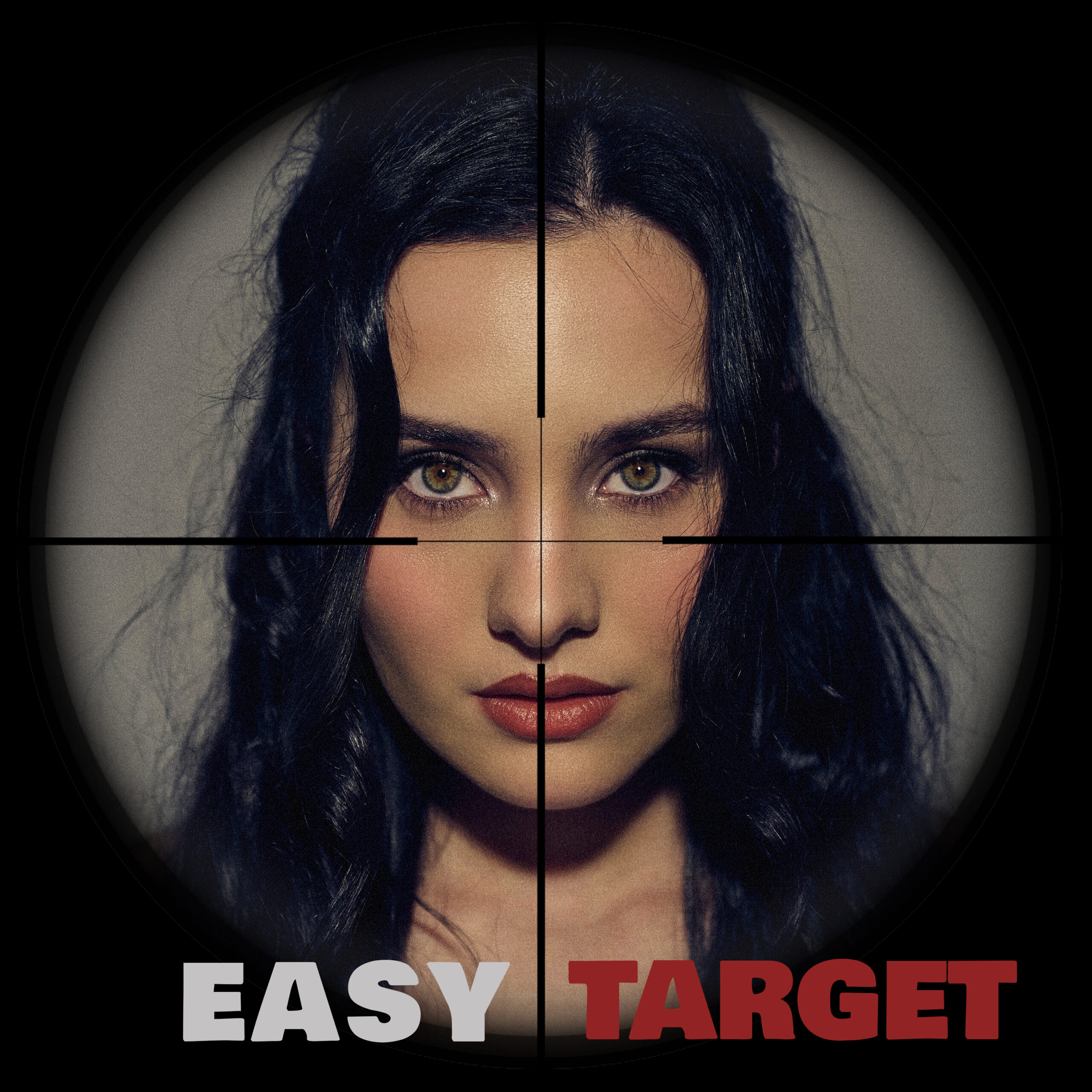 Cover art for Chigri's single "Easy Target" featuring a close-up portrait of the artist seen through a crosshair scope.